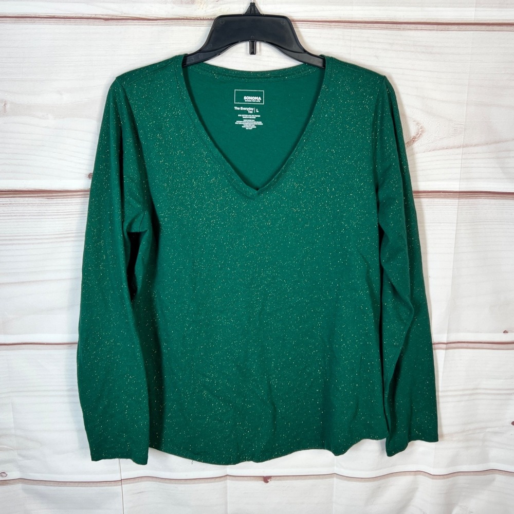 Sonoma Top Womens Large Green Speckled Everyday Tee V-Neck T-Shirt Cotton Blend